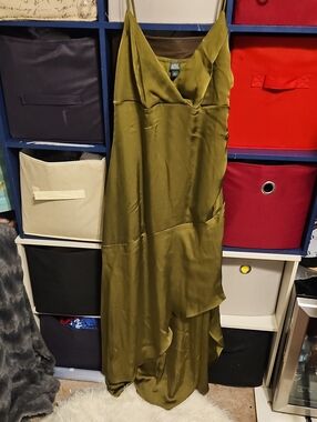 All Saints Olive Green Asymmetrical Slip Dress
